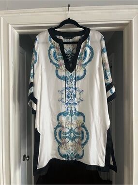 Zara Silk White Tunic Top or Cover Up with Teal Blue Floral Print
